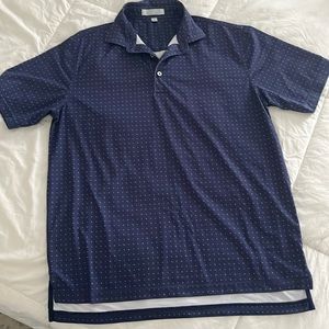 Private Estate. Made in USA. Golf shirt. Navy with light dotted pattern.